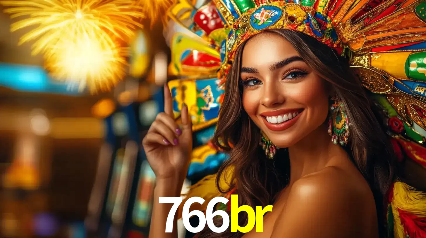 Mulher sorridente com um cocar de carnaval vibrante e colorido, celebrando uma grande vitória nos jogos do cassino 766br com fogos de artifício ao fundo.