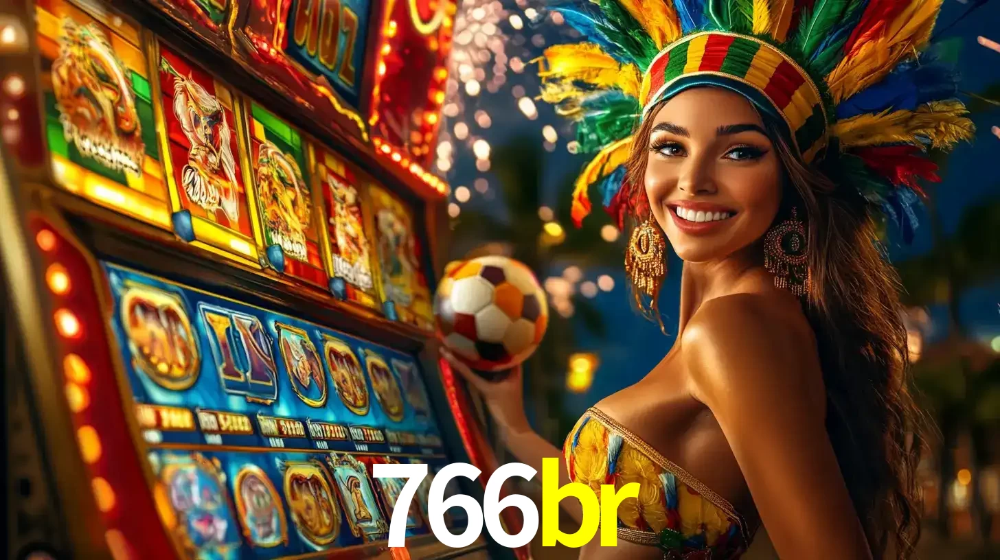 Mulher com um cocar de carnaval ao lado de uma máquina de caça-níqueis enquanto segura uma bola de futebol, mostrando a união da diversão de cassino e esportes no 766br.