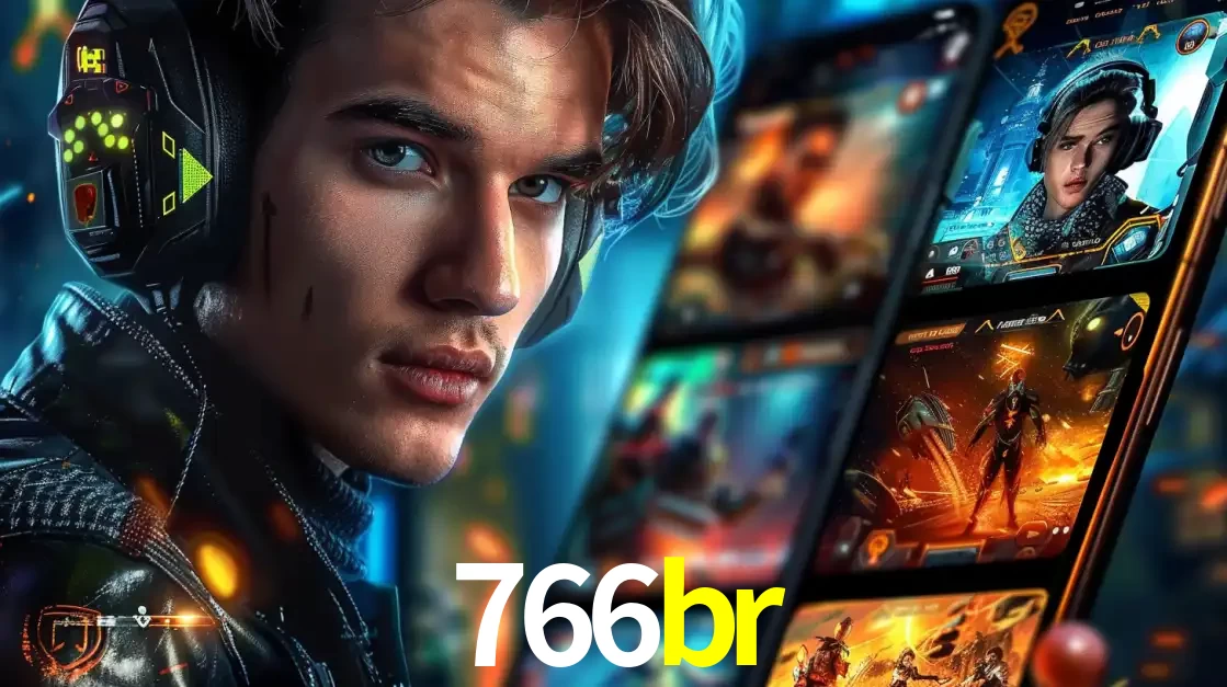 Jovem jogador com fones de ouvido olhando para a câmera, com um aplicativo de jogos e e-sports para celular ao fundo, pronto para a competição e apostas no 766br.