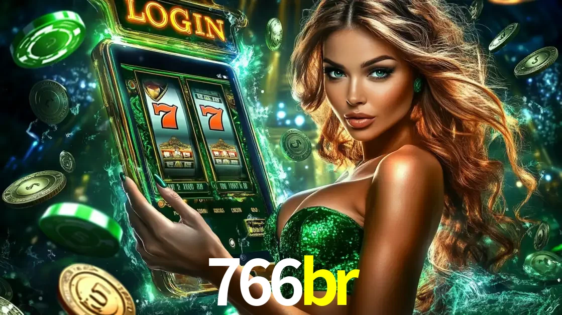 Mulher com tema verde apresentando o aplicativo do cassino 766br com um jogo de slot de 777, cercada por fichas de cassino e uma aura de sorte.