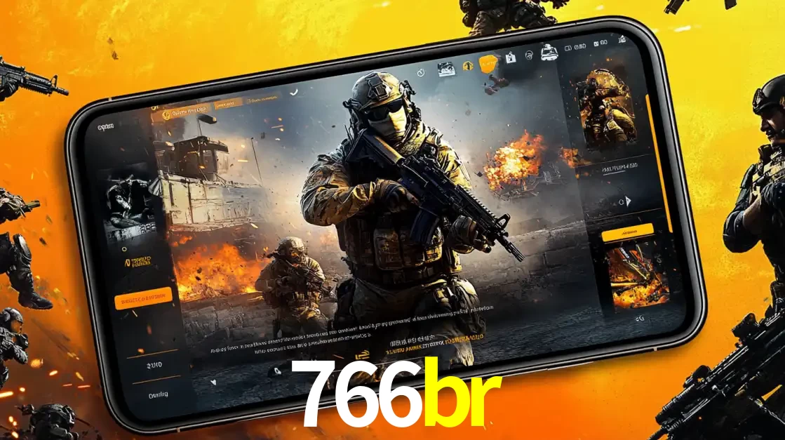 Um smartphone exibindo a interface de um jogo de tiro em primeira pessoa, com um soldado em um cenário de batalha, representando a ação dos e-sports para apostar no 766br.