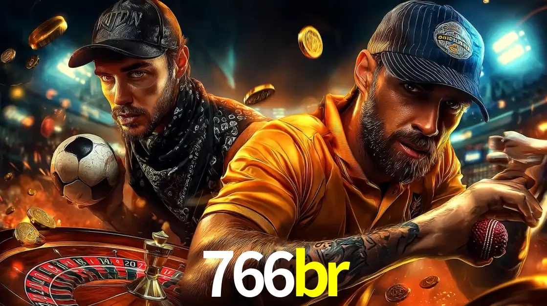 Montagem de apostas esportivas e cassino no 766br, com um homem segurando uma bola de futebol e outro uma de beisebol sobre uma roleta e moedas voadoras.