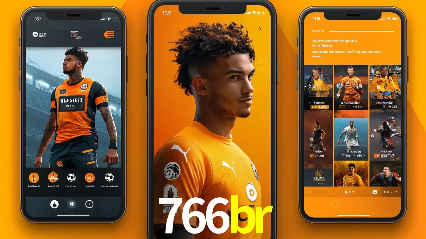 Interface do aplicativo de apostas esportivas 766br em três telas de celular, mostrando o perfil de um jogador de futebol e a lista de jogos disponíveis para apostar.