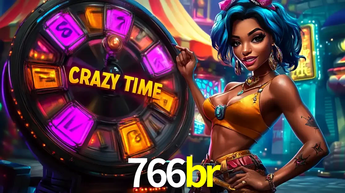 Mulher estilizada com cabelo azul e visual vibrante posando ao lado da roda de prêmios do game show Crazy Time, convidando para a diversão e os bônus do cassino 766br.