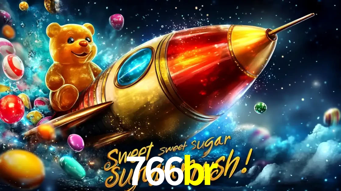 Arte promocional do jogo de slot Sugar Rush, com um urso de pelúcia em um foguete viajando pelo espaço de doces, um dos jogos divertidos disponíveis no cassino 766br.