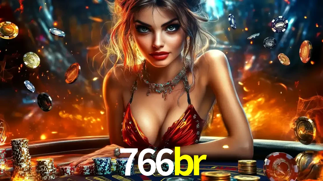 Mulher em uma mesa de cassino com pilhas de fichas e um fundo de fogo, pronta para uma rodada de altas apostas nos jogos de mesa emocionantes do cassino 766br.