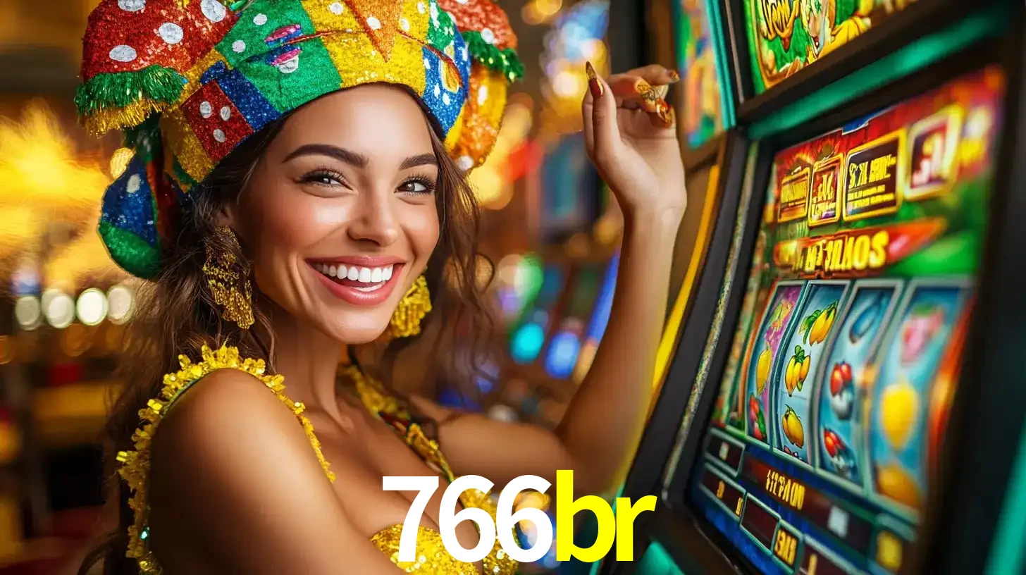 Mulher feliz com traje de carnaval amarelo e colorido ao lado de uma máquina de caça-níqueis, aproveitando a diversão e os jogos temáticos do cassino 766br.