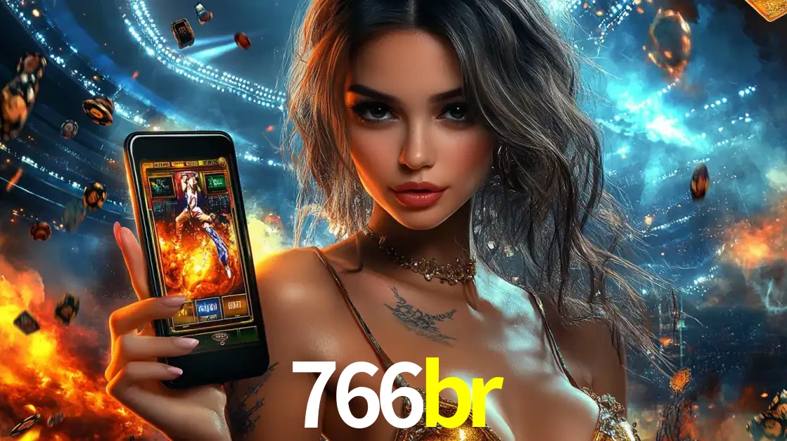 Mulher segurando um celular com um jogo de slot em destaque, tendo como fundo um estádio vibrante, simbolizando a emoção de jogar no cassino móvel 766br.