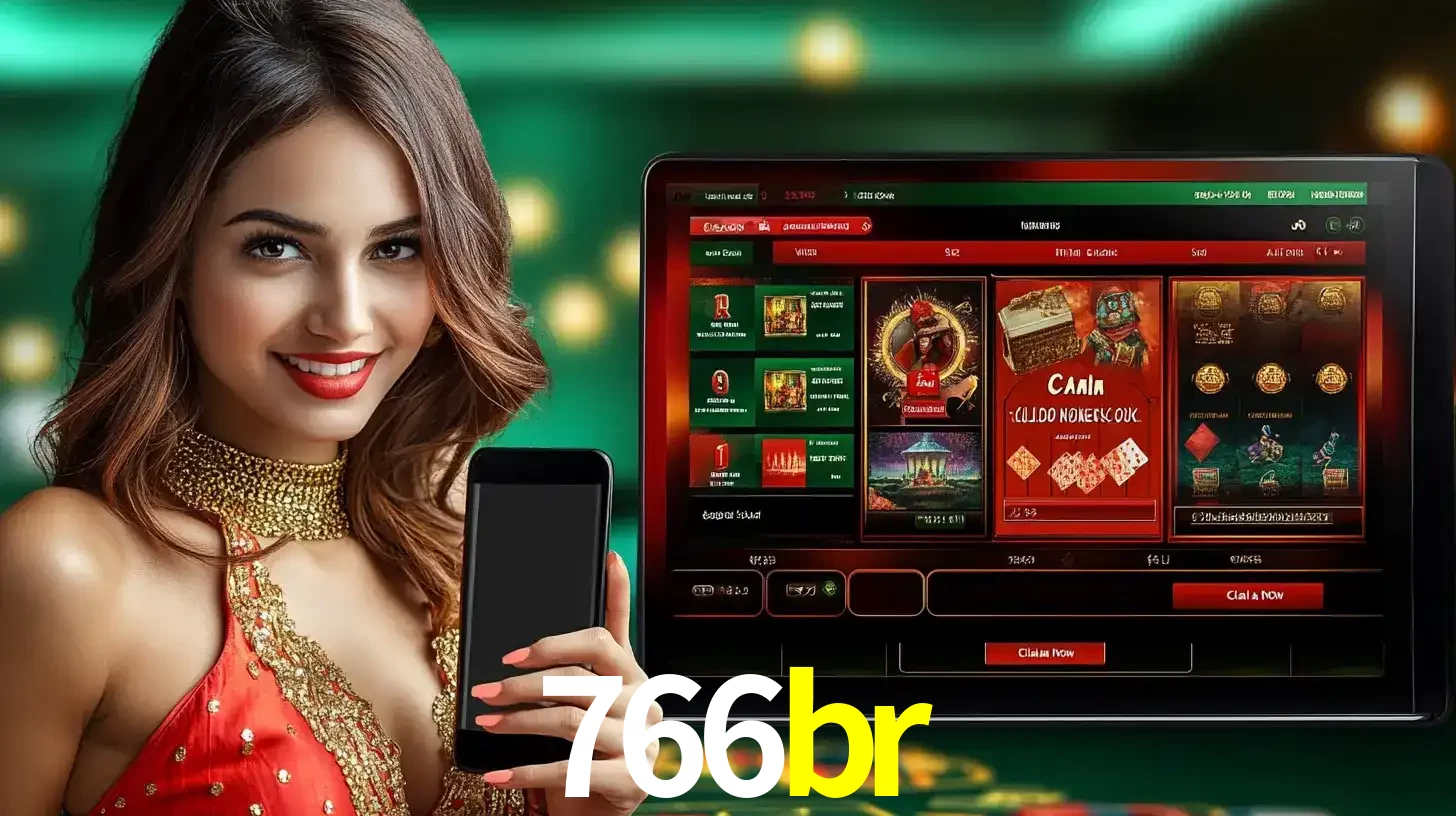 Mulher sorridente segurando um smartphone, ao lado de uma tela exibindo o lobby de jogos do cassino online 766br, com várias opções de jogos de cartas e slots.