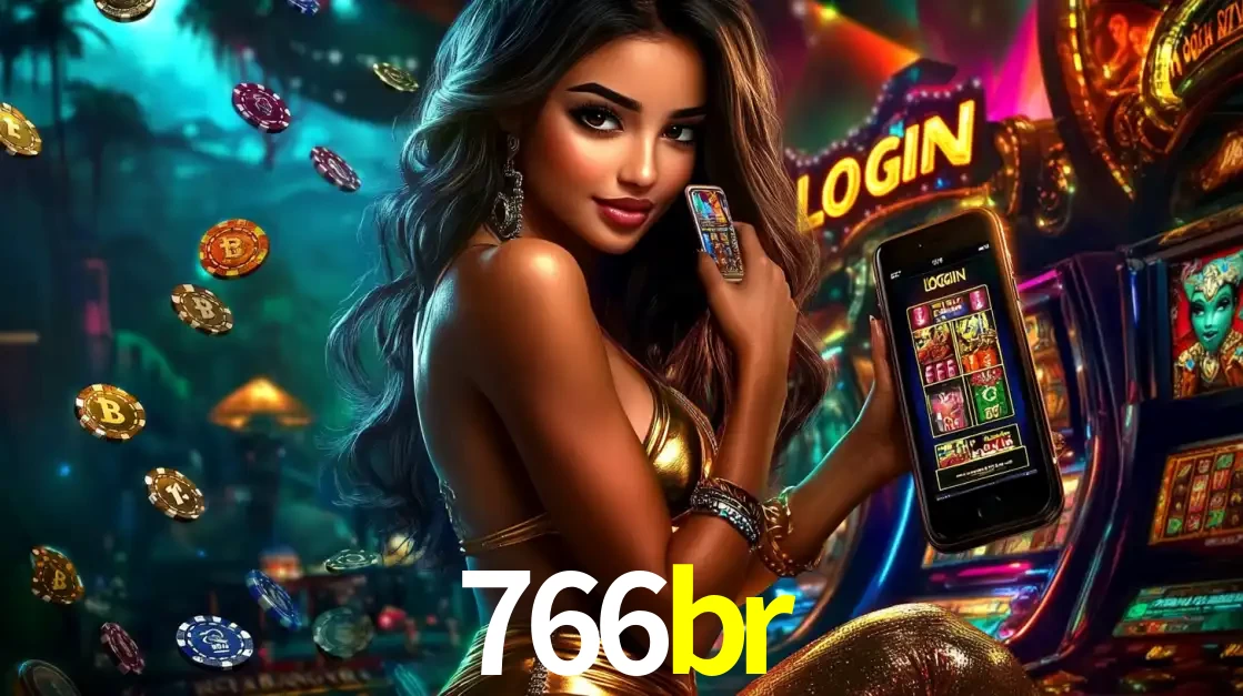 Mulher em um cenário de cassino temático de aventura, mostrando o app de caça-níqueis da 766br no celular. Fichas de apostas flutuam ao redor.