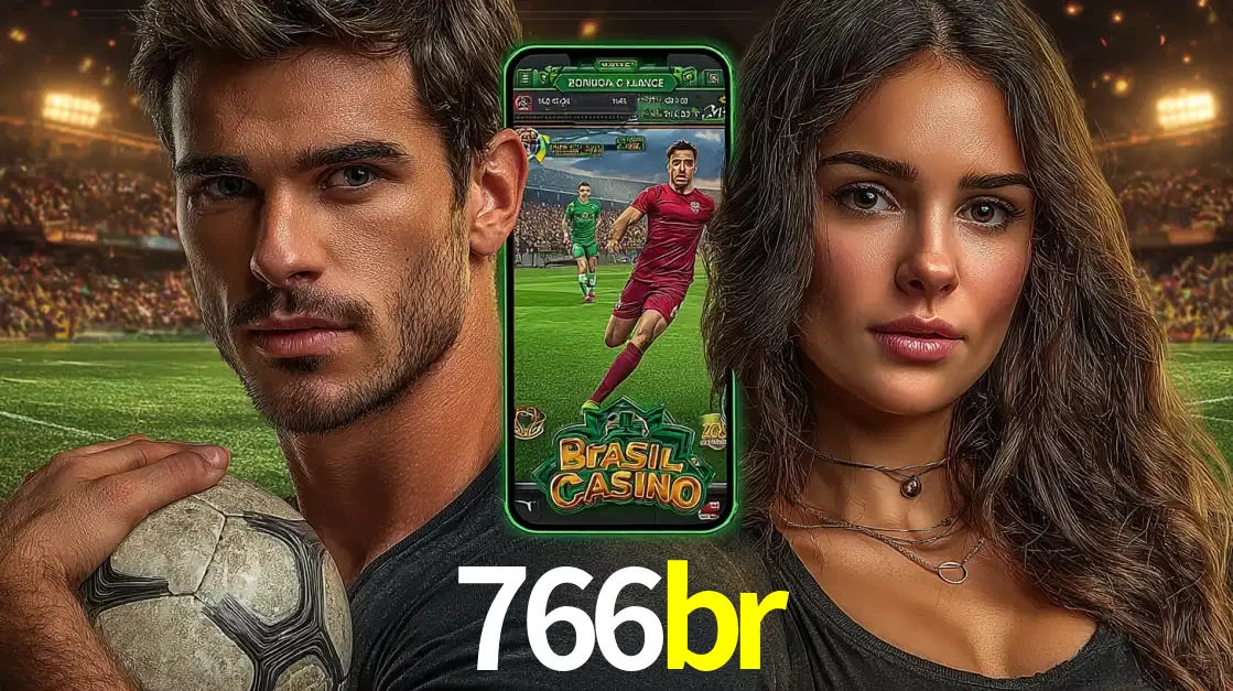 Homem segurando uma bola de futebol e uma mulher ao lado de um smartphone exibindo o jogo de apostas esportivas da 766br. Faça seu palpite no cassino online.